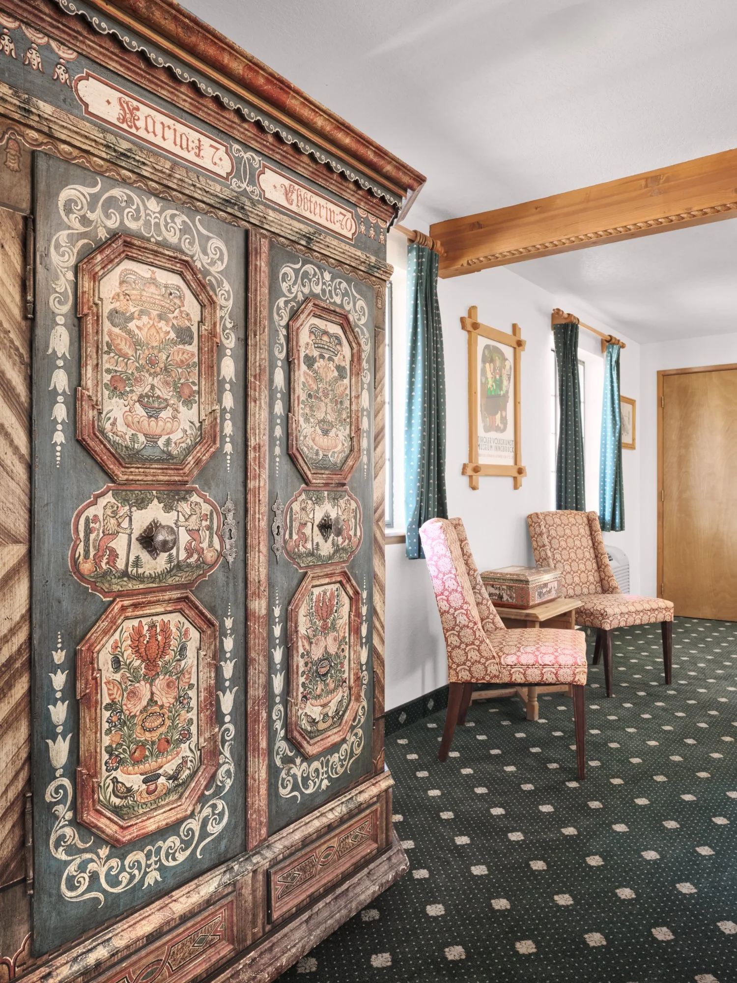 Hand-painted Bauernmöbel Schrank wardrobe in a Pension Anna room
