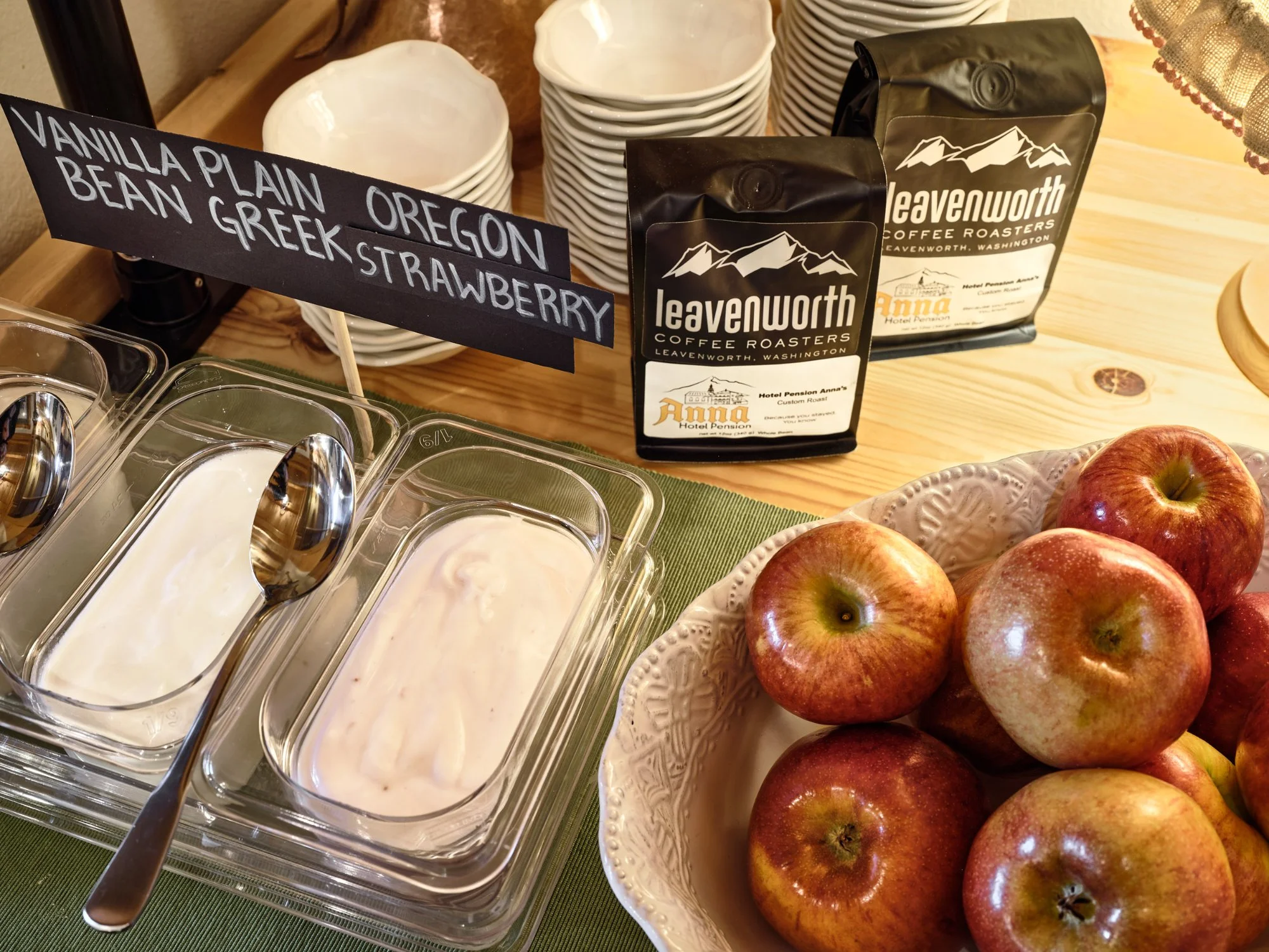 Leavenworth Coffee Roasters custom Hotel Pension Anna roast bags with fresh apples and yogurt selections
