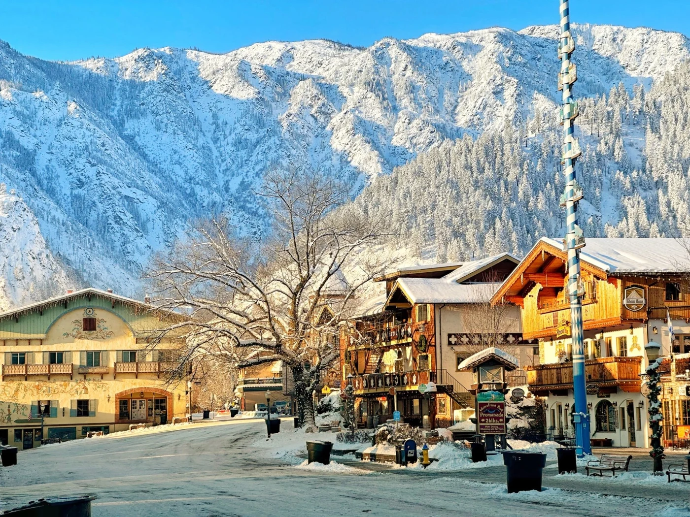 Leavenworth main street in golden morning winter light with Cascade mountains