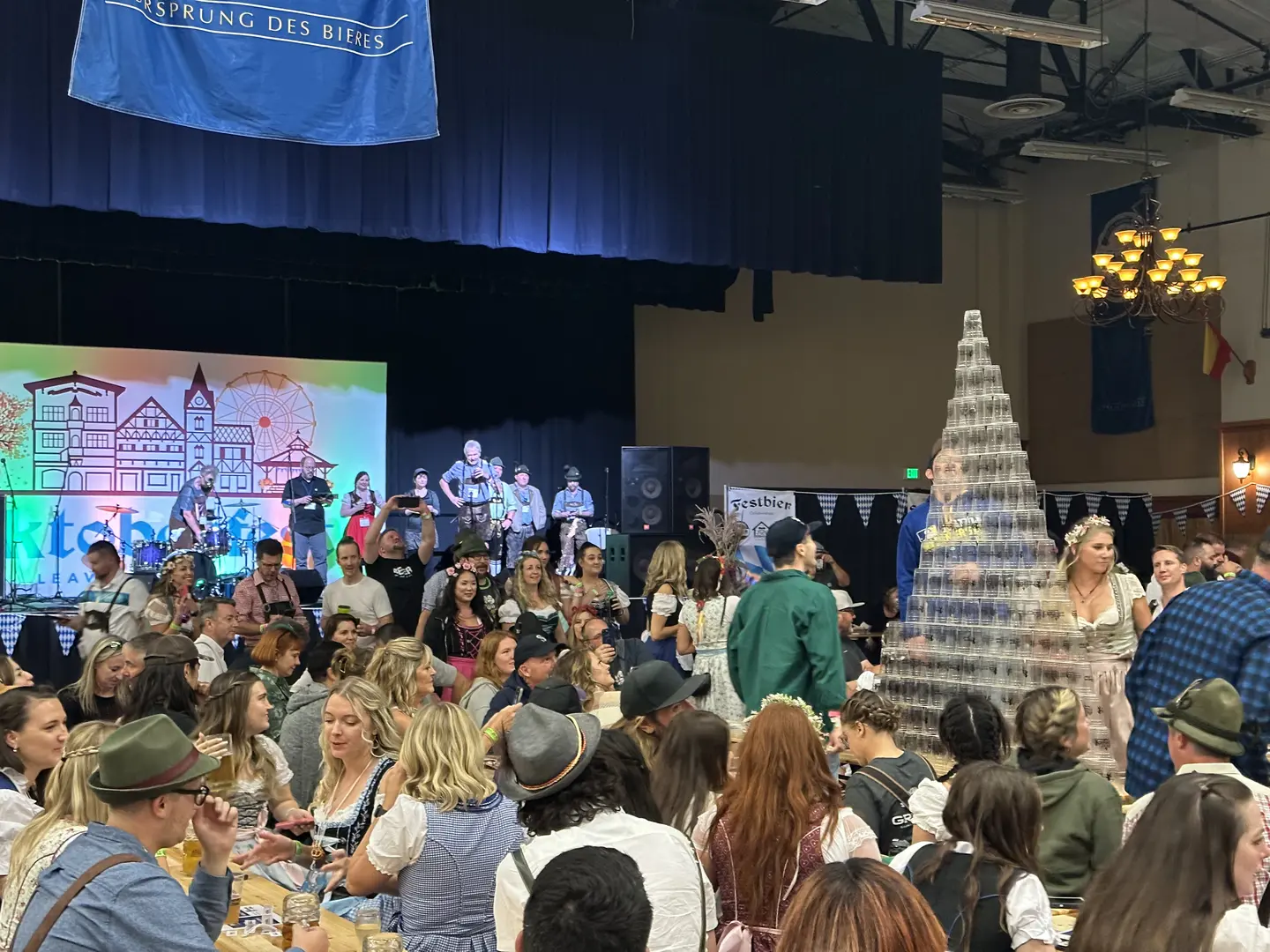 Stein pyramid inside the Leavenworth Oktoberfest Festhalle