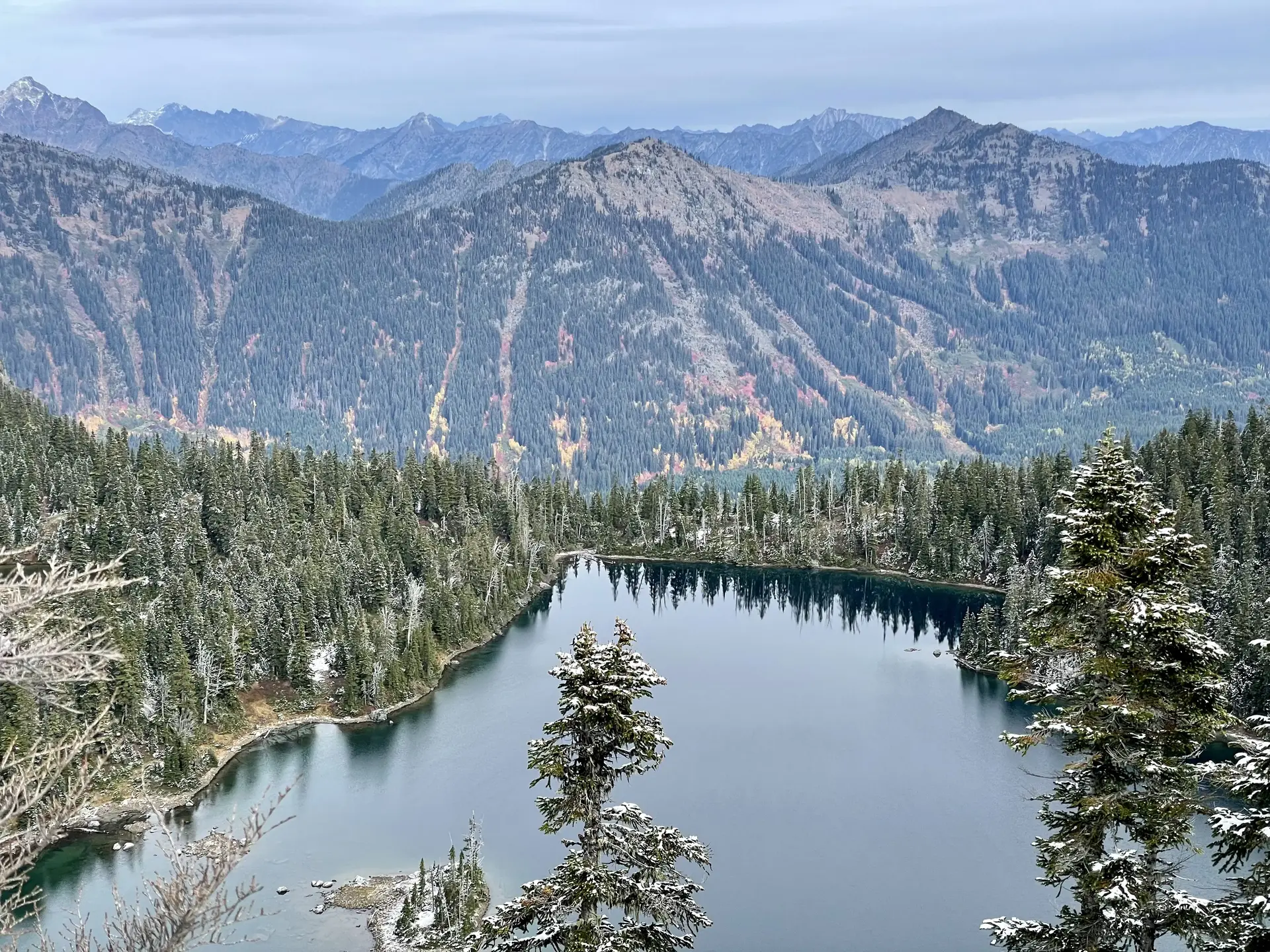 Minotaur Lake from above with first snow and fall color on the slopes