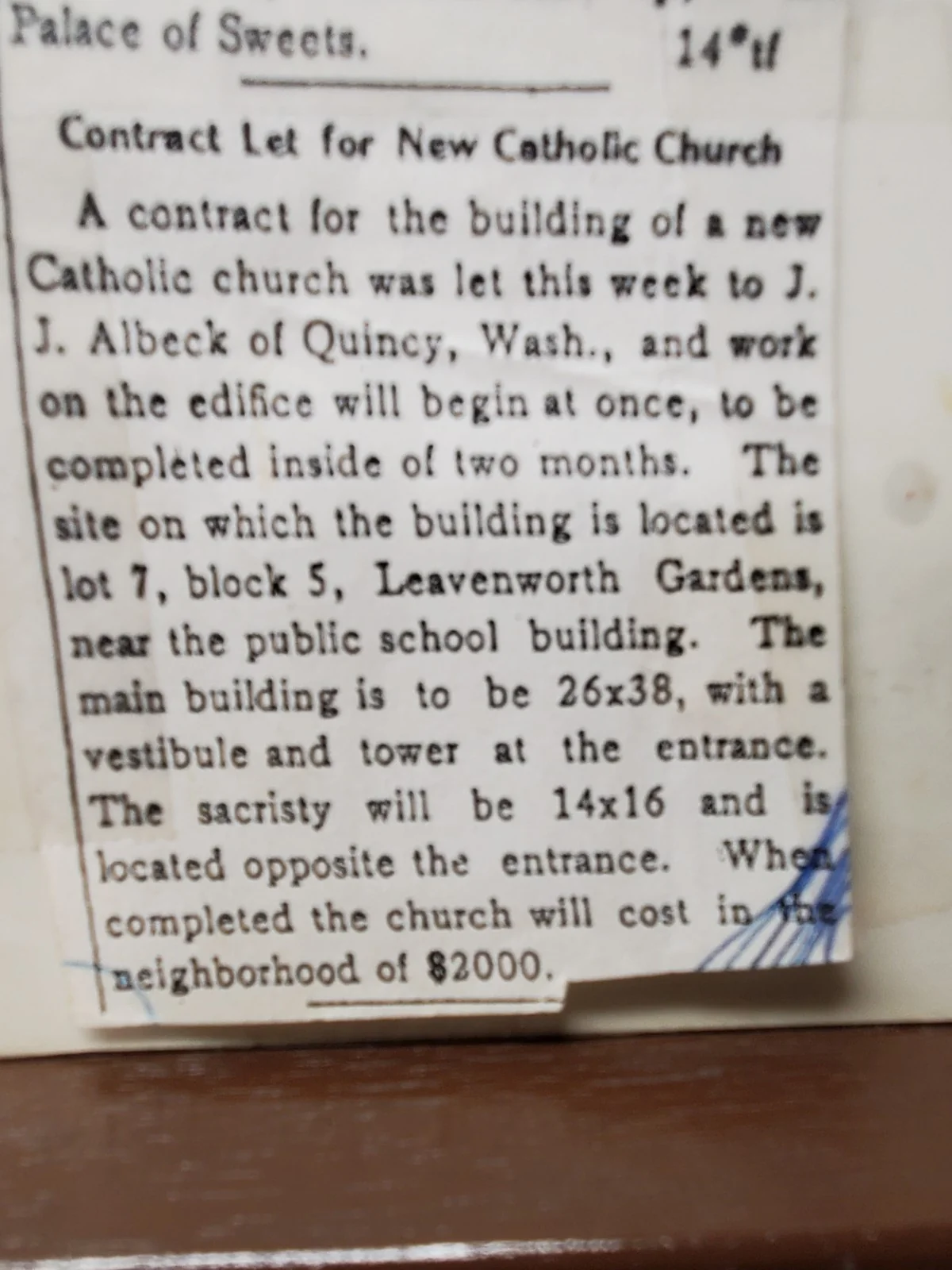 Leavenworth Echo newspaper clipping, May 1910, announcing the contract for a new Catholic church