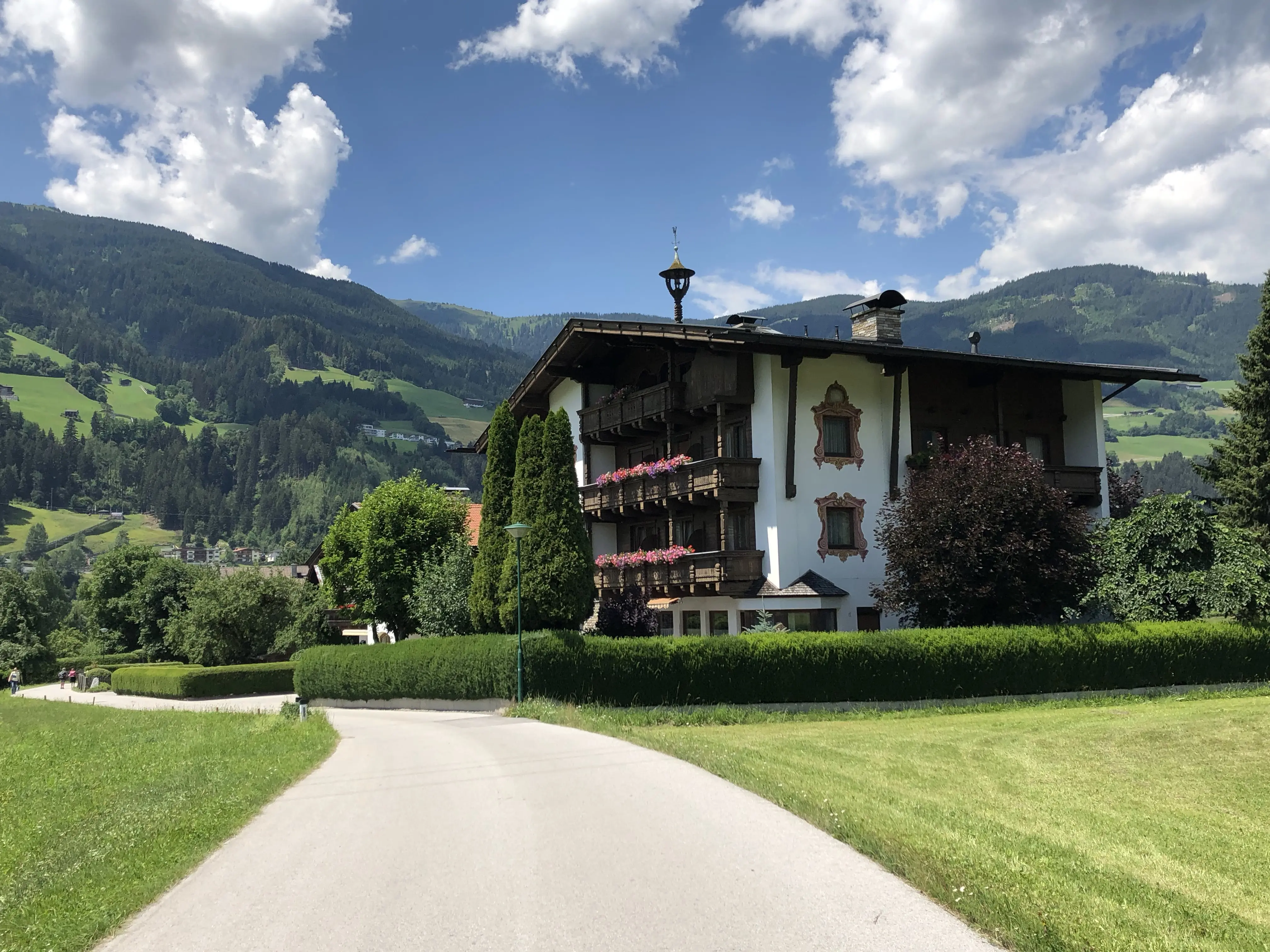 Pension Elisabeth set in the Zillertal Valley with the Tirolean Alps behind it