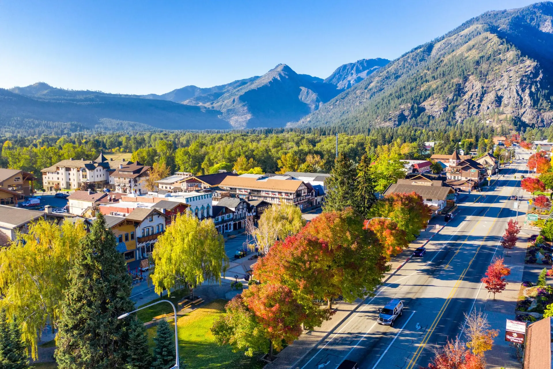 Leavenworth village aerial clear fall color