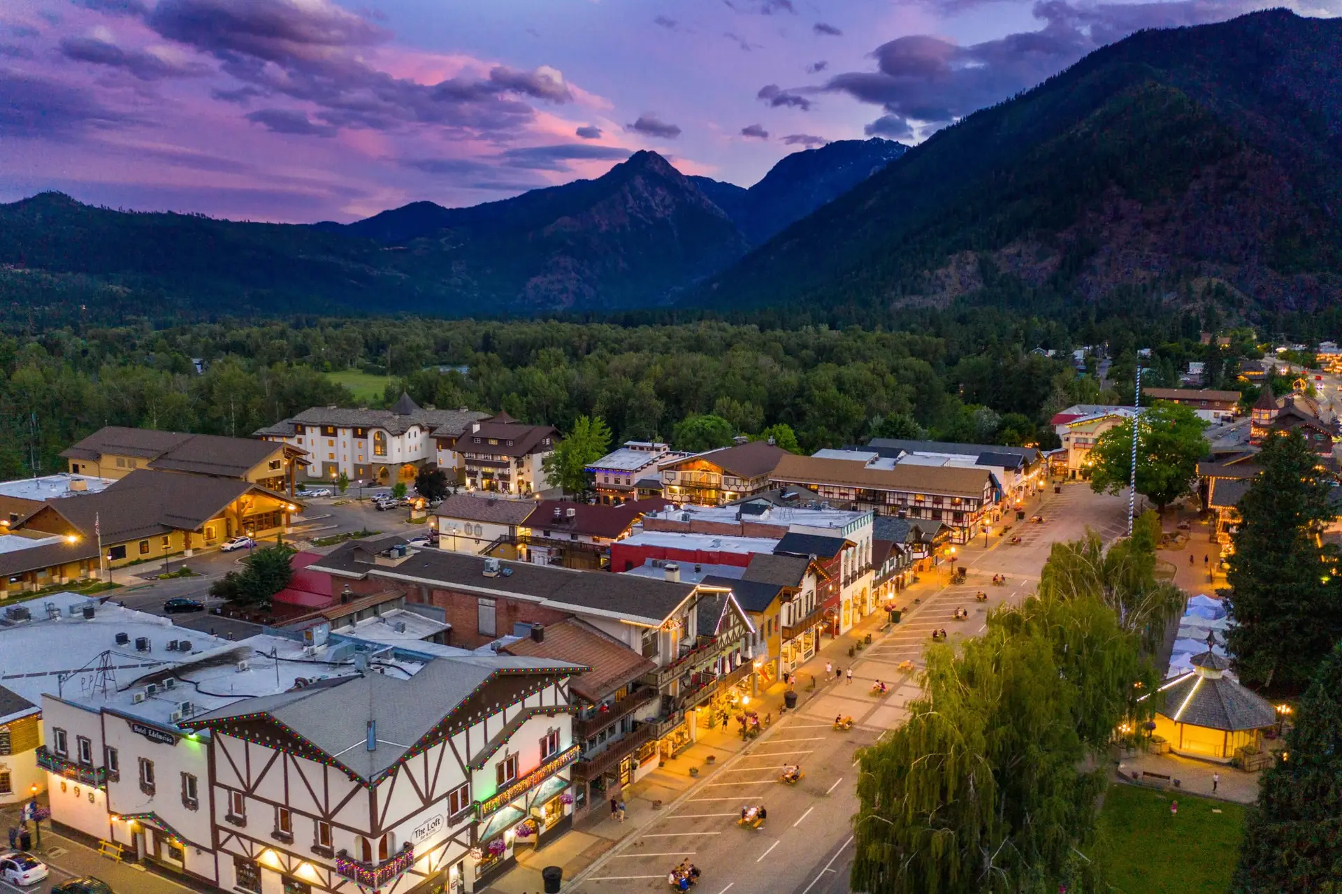 Leavenworth village aerial sunset summer