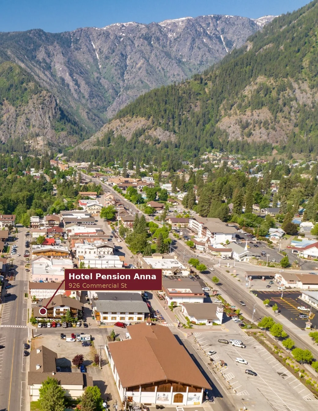 Aerial view of Leavenworth showing Hotel Pension Anna on Commercial Street