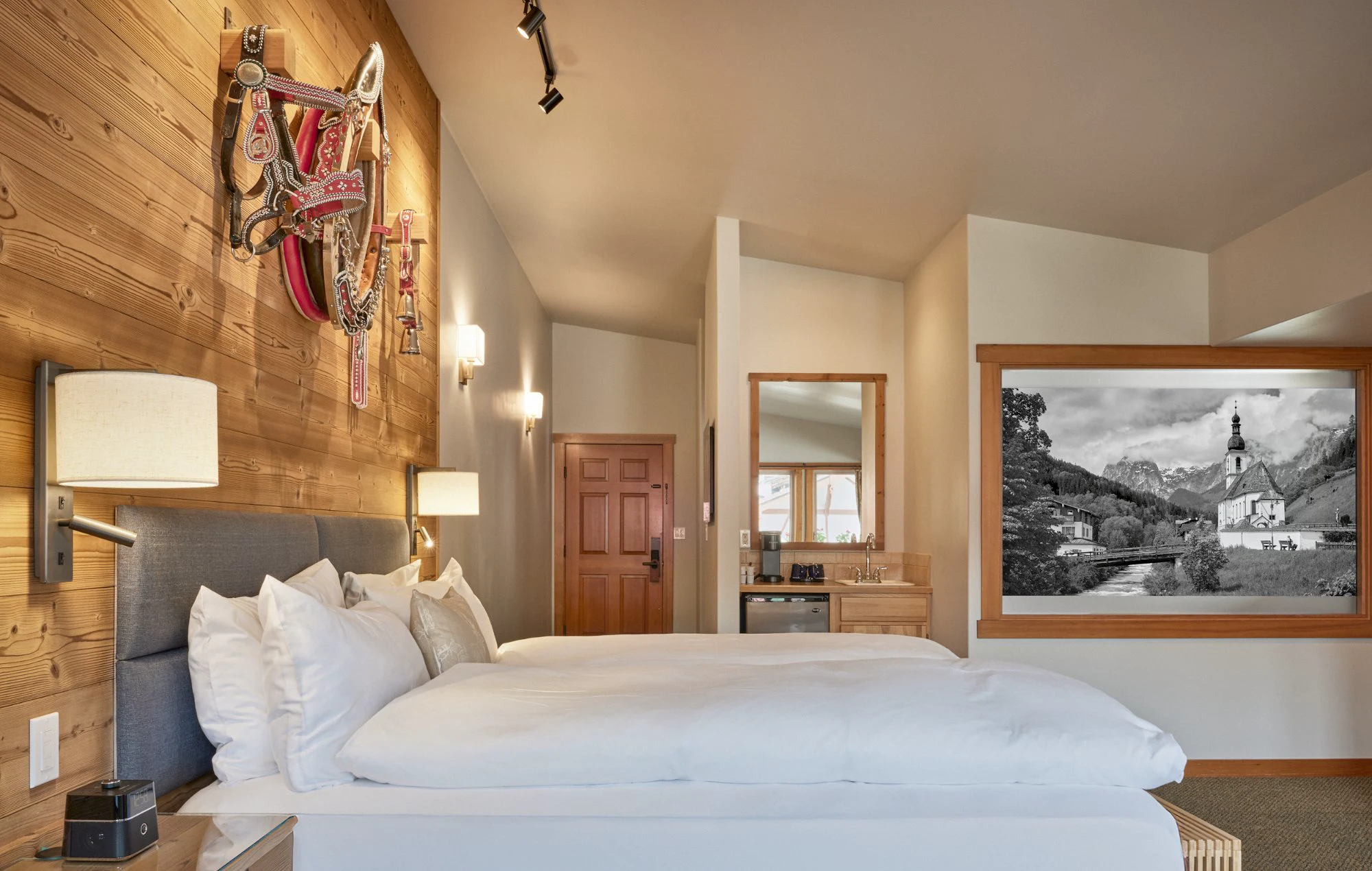 Summer Suite vaulted ceiling with king bed and harness wall