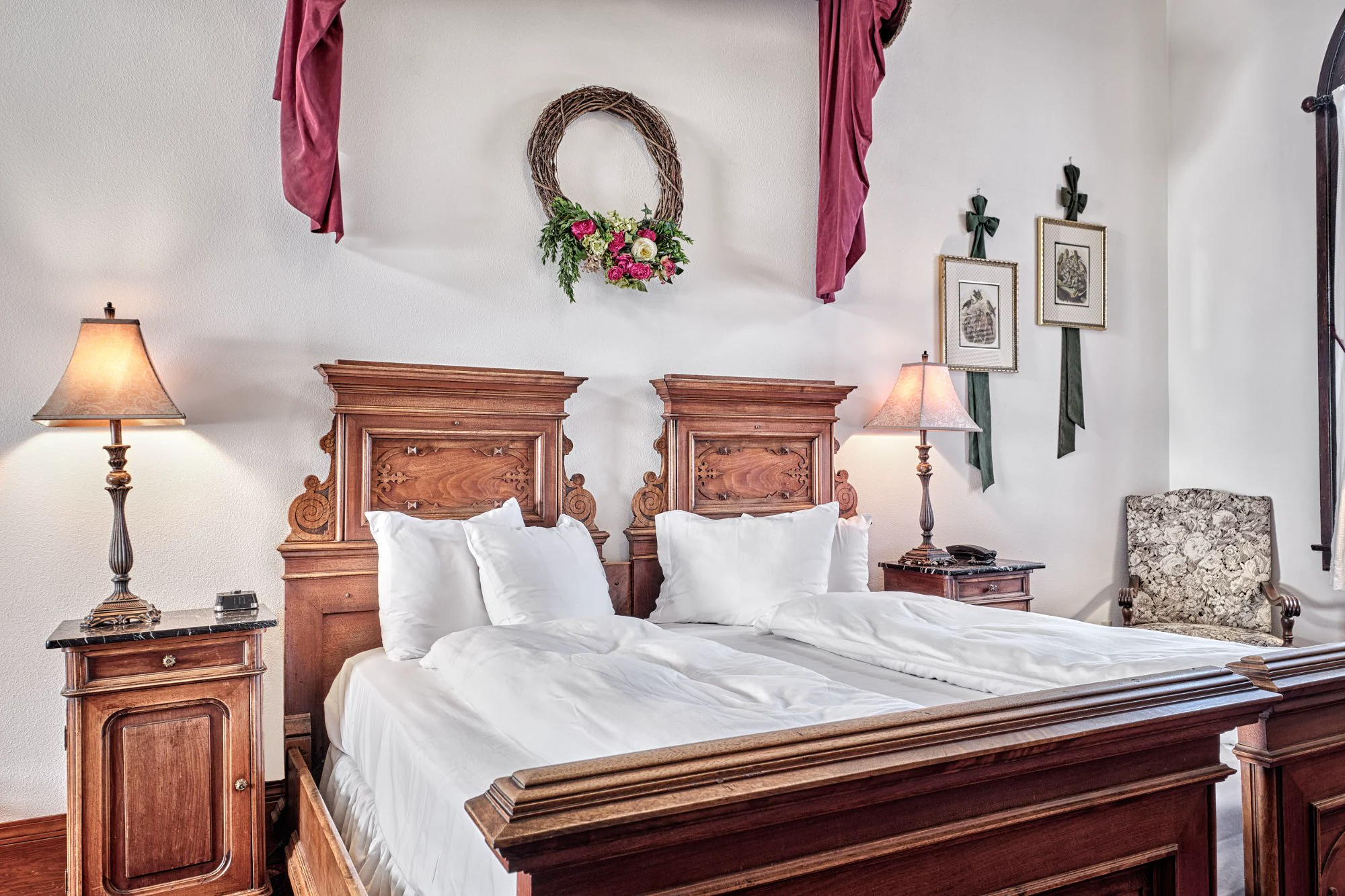 Pfaffenwinkl antique walnut bed with crimson velvet canopy